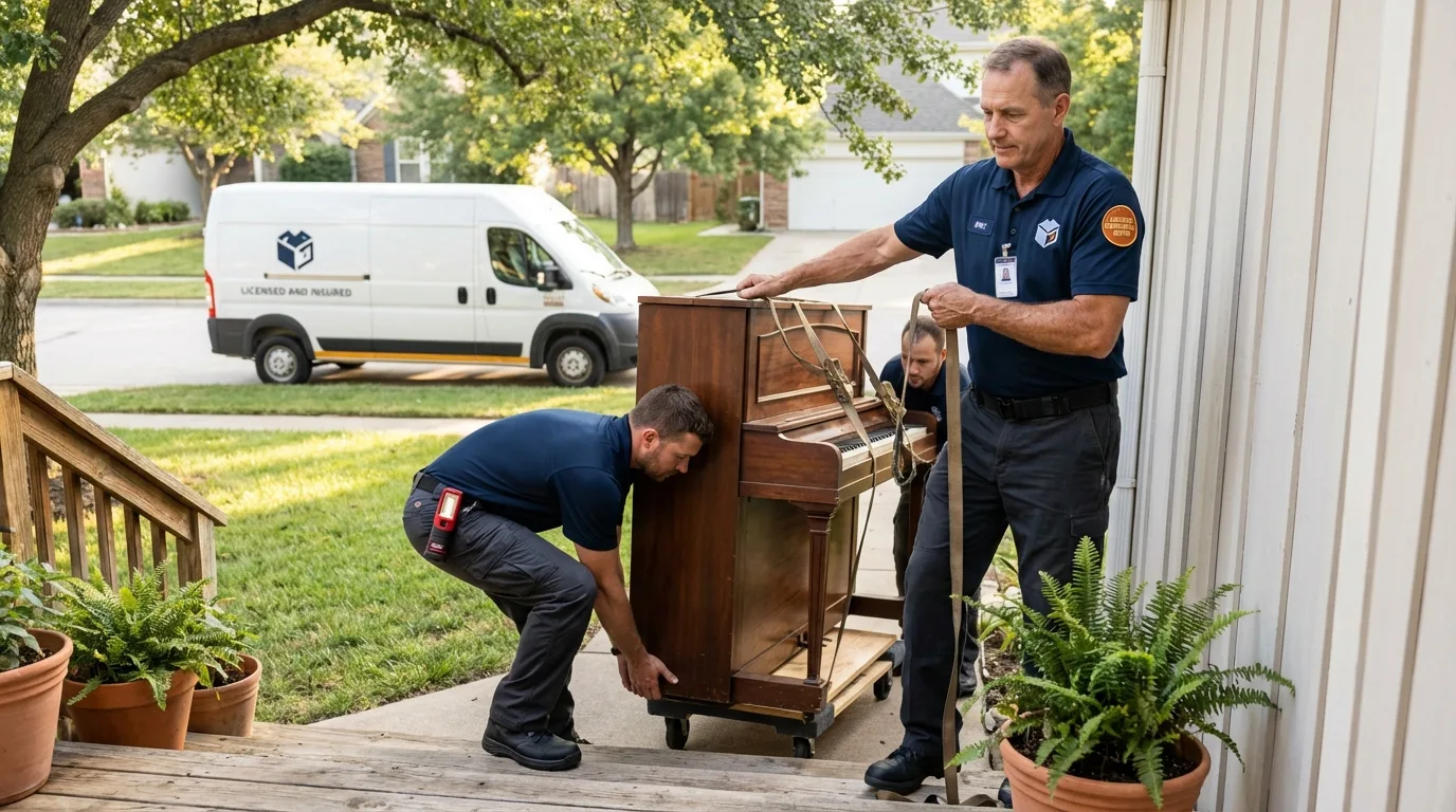 Licensed piano movers securing grand piano in Stilwell, OK