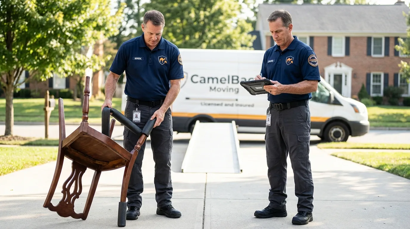 Movers inspecting furniture for damage prevention before loading in Stilwell, OK