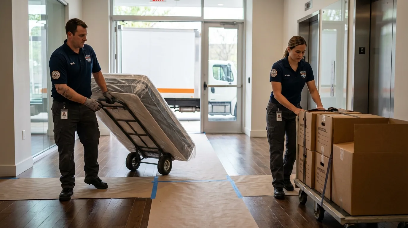 Professional apartment movers loading elevator in Stilwell, OK