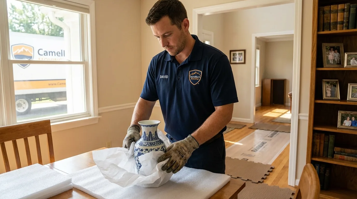 Professional crew carefully wrapping antique vase for senior downsizing move in Stilwell, OK